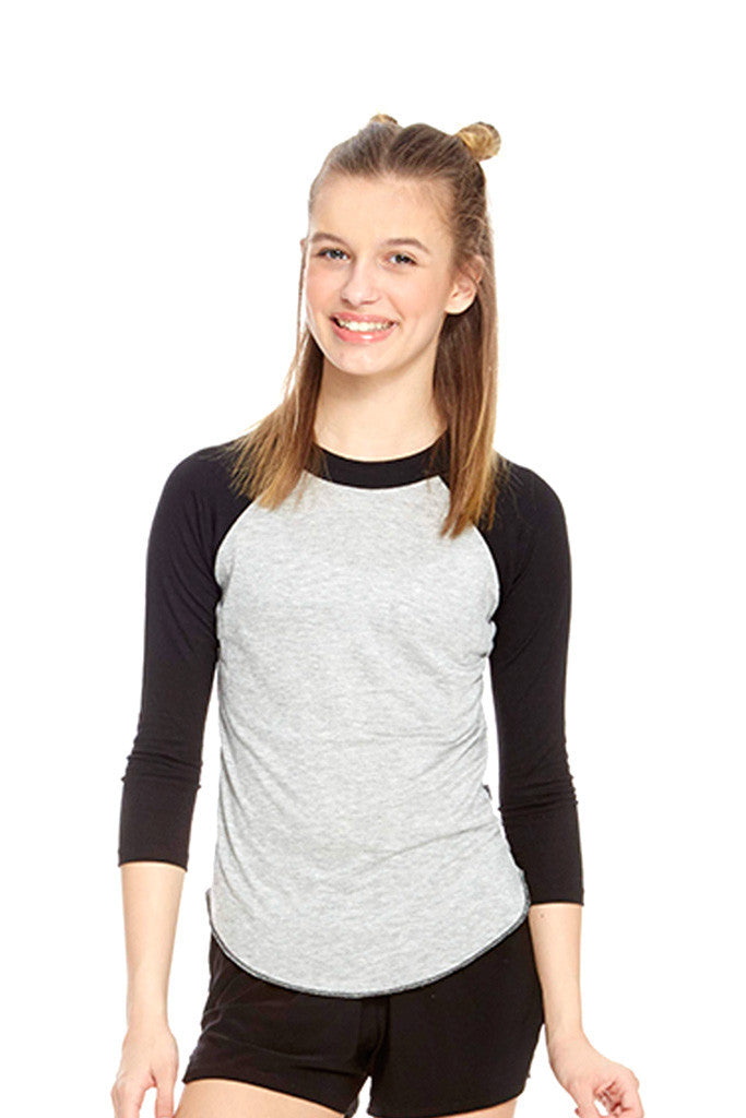 Girls Gray 3/4 Sleeve Baseball T-Shirt