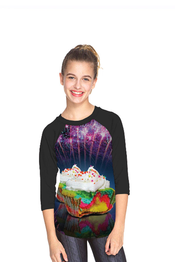 Girls Neon Cupcake 3/4 Sleeve Baseball T-Shirt