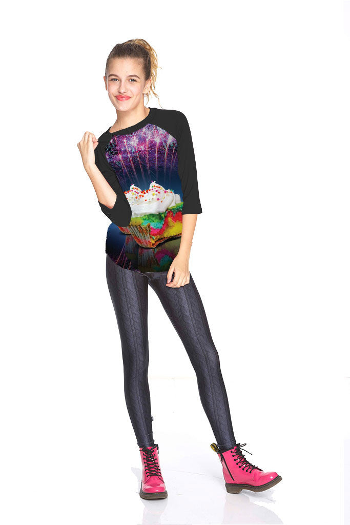 Girls Neon Cupcake 3/4 Sleeve Baseball T-Shirt