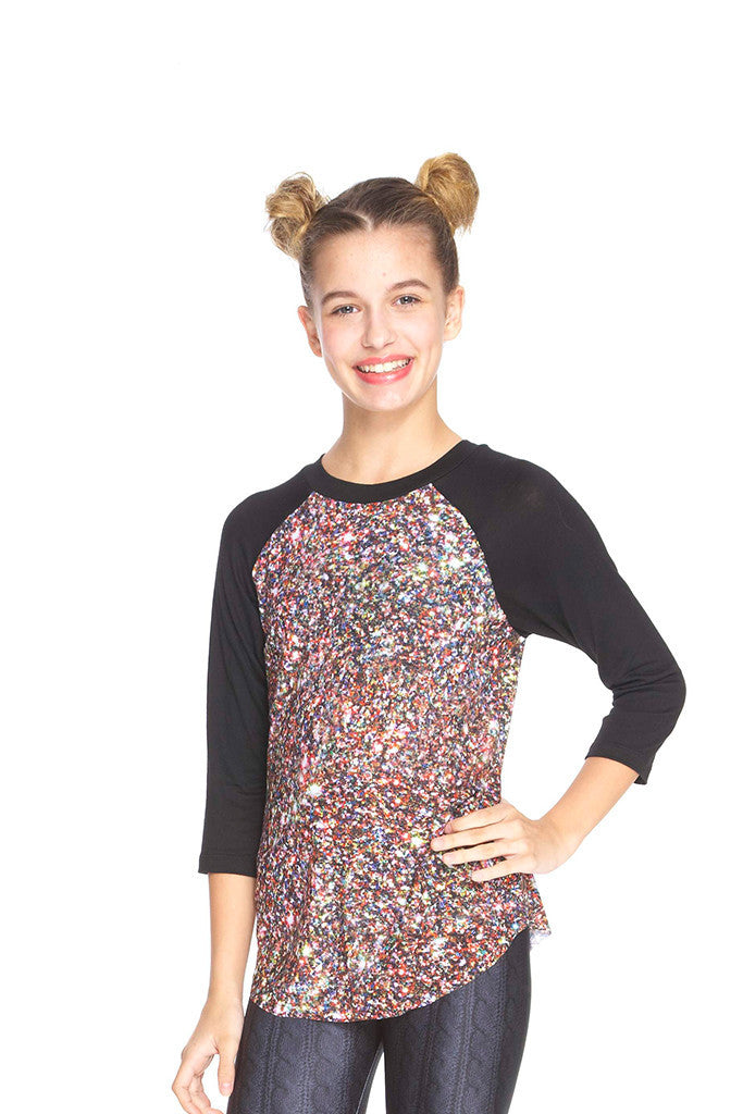 Girls Multi Glitter 3/4 Sleeve Baseball T-Shirt