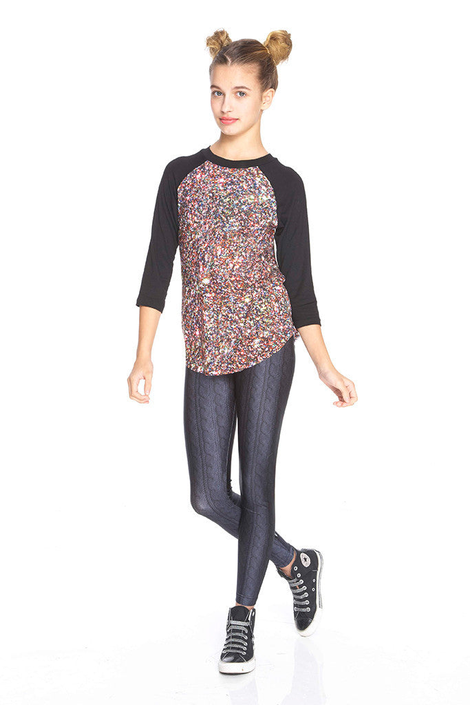 Girls Multi Glitter 3/4 Sleeve Baseball T-Shirt