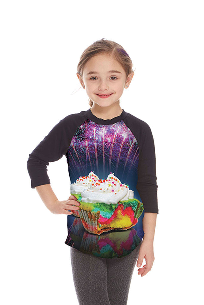 Kids Neon Cupcake 3/4 Sleeve Baseball T-Shirt