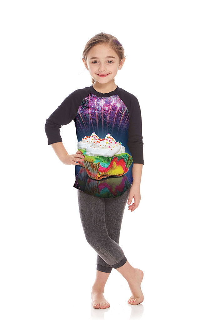 Kids Neon Cupcake 3/4 Sleeve Baseball T-Shirt