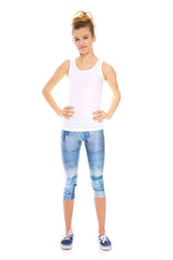 Girls Denim Patchwork Capri Leggings