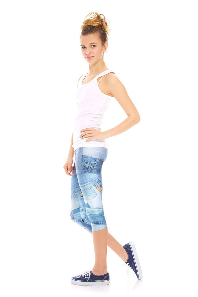 Girls Denim Patchwork Capri Leggings