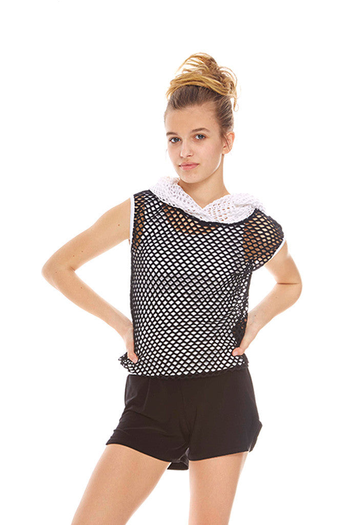 Girls Black Hooded Fishnet Top