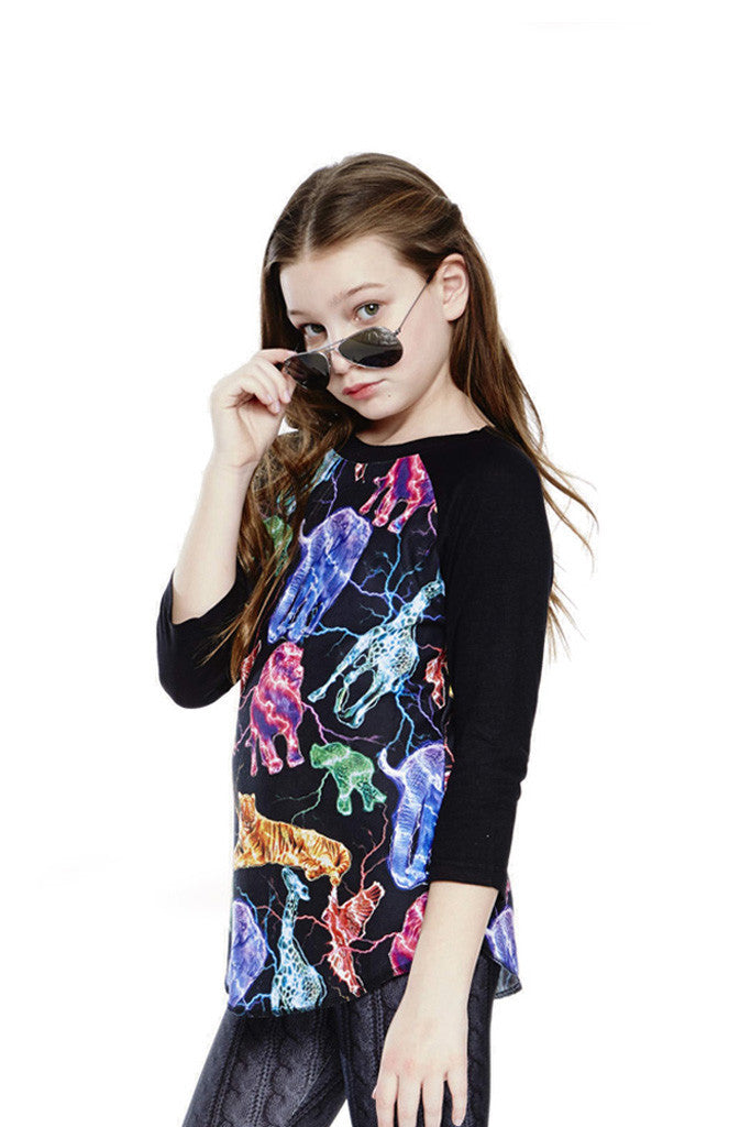 Girls Electric Animals 3/4 Sleeve Baseball T-Shirt