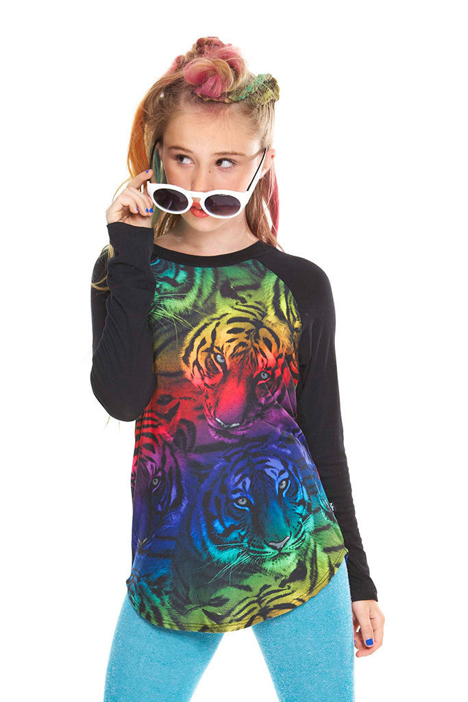 Girls Rainbow Tiger Baseball T-Shirt