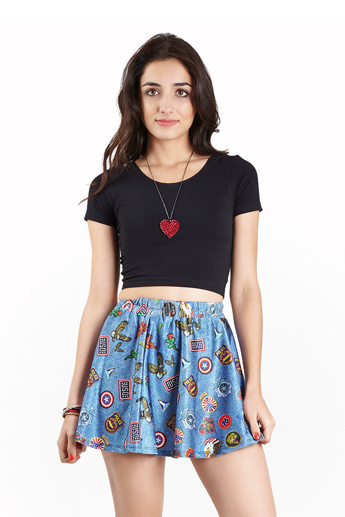 Womens Denim Patches Skater Skirt