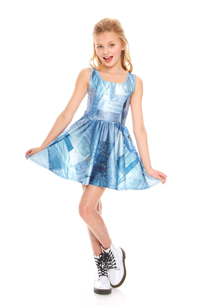 Girls Denim Patchwork Zip Skater Dress
