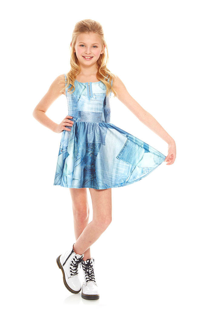 Girls Denim Patchwork Zip Skater Dress